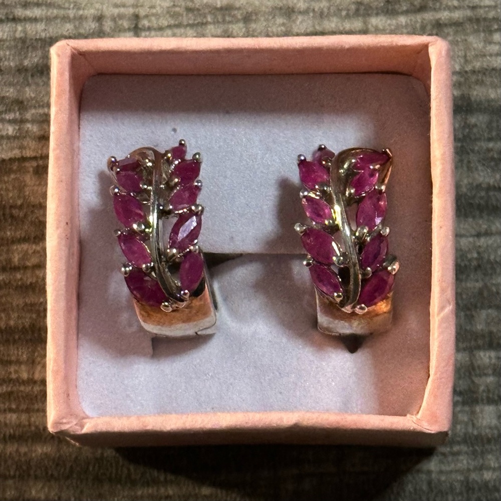 Vintage Sterling Silver Gemstone Earrings Pink/Red Rubies Hinged Huggie …